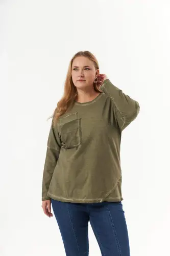 Large Size Pocket Detail Piece Dye Sweatshirt Khaki - 4