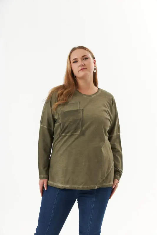 Large Size Pocket Detail Piece Dye Sweatshirt Khaki - 5