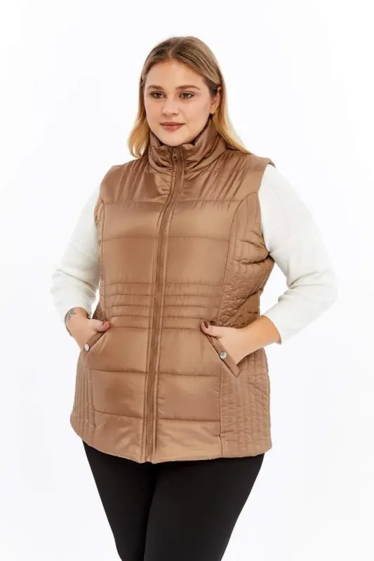 Large Size Pocketed Quilted Vest Mink - 1