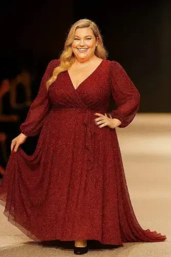 Large Size Self-Sequined Long Sleeve Self-Sequined KL3047 Evening Dress Bordeaux - BÜYÜKBEDENIZ (1)