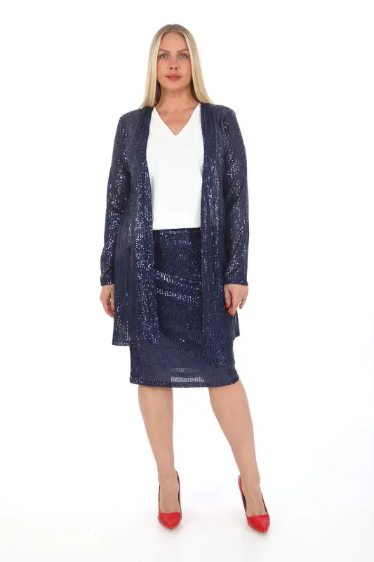 Large Size Sequin Skirt Jacket Blouse 3 Piece Set Navy Blue GLS5346 - 1