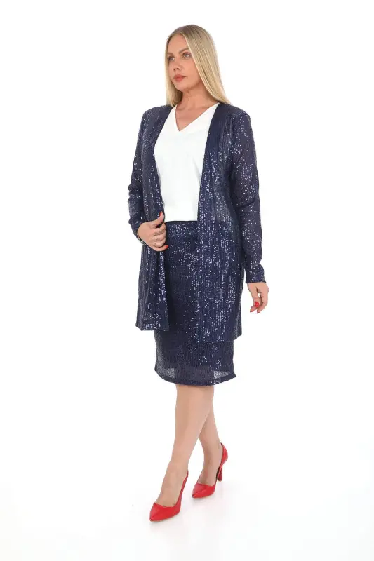 Large Size Sequin Skirt Jacket Blouse 3 Piece Set Navy Blue GLS5346 - 3