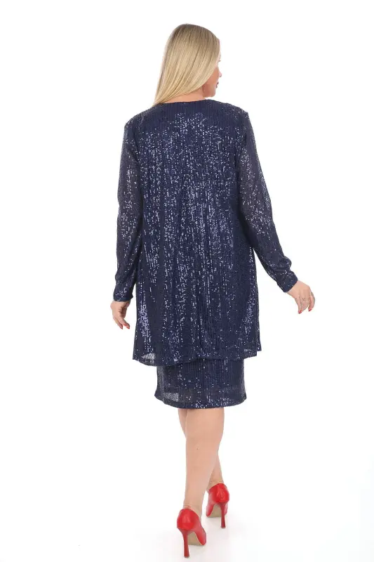 Large Size Sequin Skirt Jacket Blouse 3 Piece Set Navy Blue GLS5346 - 5