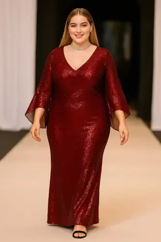 Large Size Sequined Shimmer Long Sleeve Gown Dress KL3100 Burgundy - 1