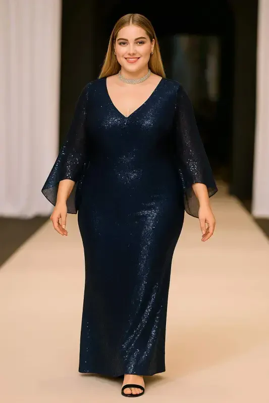 Large Size Sequined Shiny Long Sleeve Evening Dress KL3100 Navy Blue - BÜYÜKBEDENIZ