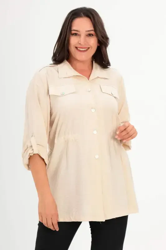 Large Size Shoulder Epaulet Pocket Flap Beige Trench Coat - 1