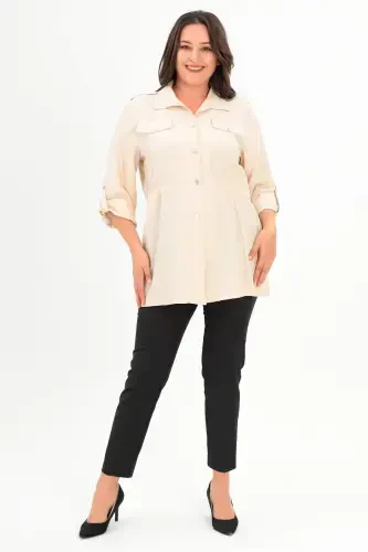 Large Size Shoulder Epaulet Pocket Flap Beige Trench Coat - 2