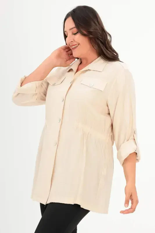 Large Size Shoulder Epaulet Pocket Flap Beige Trench Coat - 3