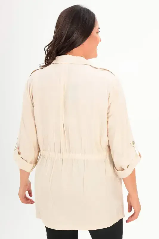 Large Size Shoulder Epaulet Pocket Flap Beige Trench Coat - 5