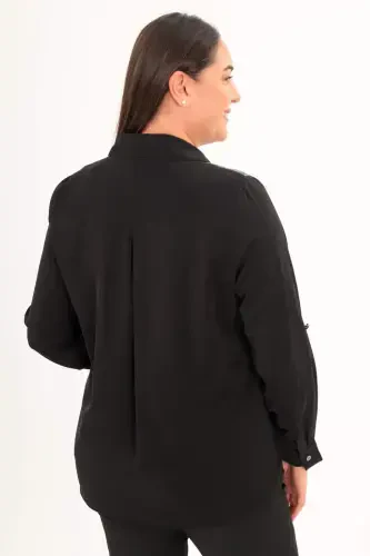 Large Size Sparkly Striped Pocket Black Shirt - 6