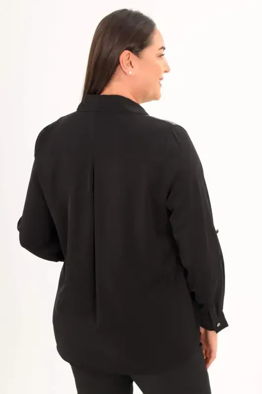 Large Size Sparkly Striped Pocket Black Shirt - 6