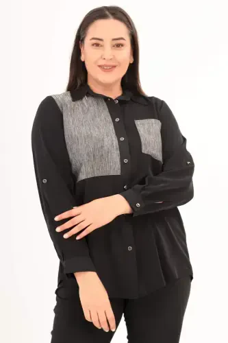 Large Size Sparkly Striped Pocket Black Shirt - 1