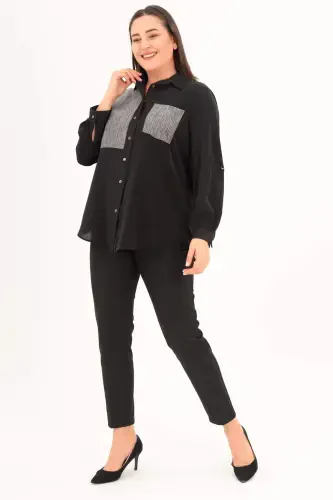 Large Size Sparkly Striped Pocket Black Shirt - BÜYÜKBEDENIZ (1)