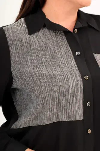 Large Size Sparkly Striped Pocket Black Shirt - 3