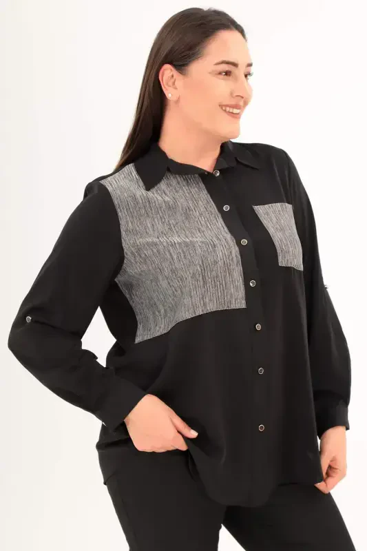 Large Size Sparkly Striped Pocket Black Shirt - 5