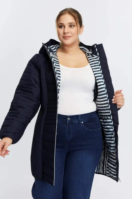 Large Size Toast Quilted Coat Navy Blue - BÜYÜKBEDENIZ