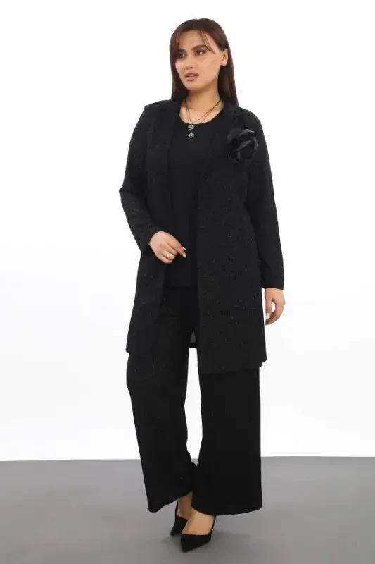 Large Size Womens 3 Pieces Sequined Dress Set KL3081 Black - BÜYÜKBEDENIZ