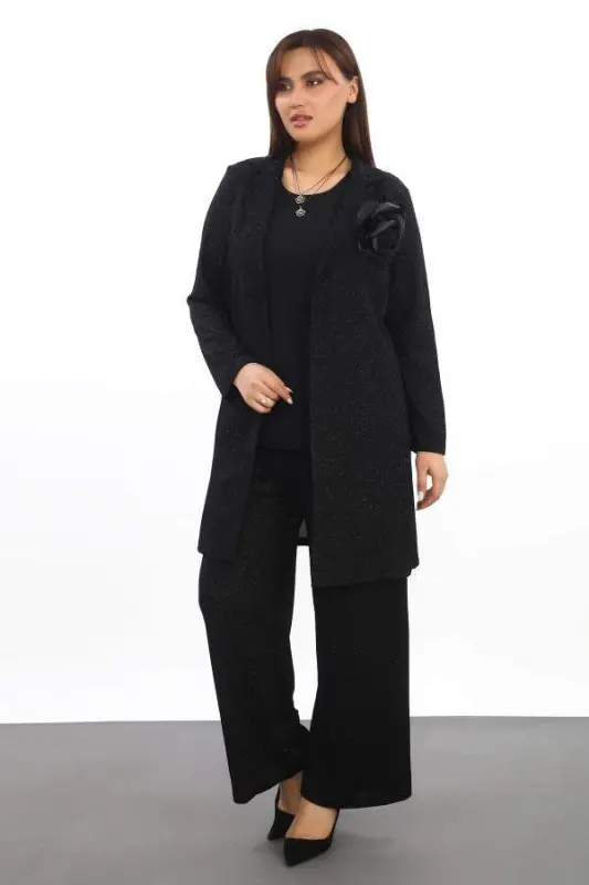 Large Size Womens 3 Pieces Sequined Dress Set KL3081 Black - 1
