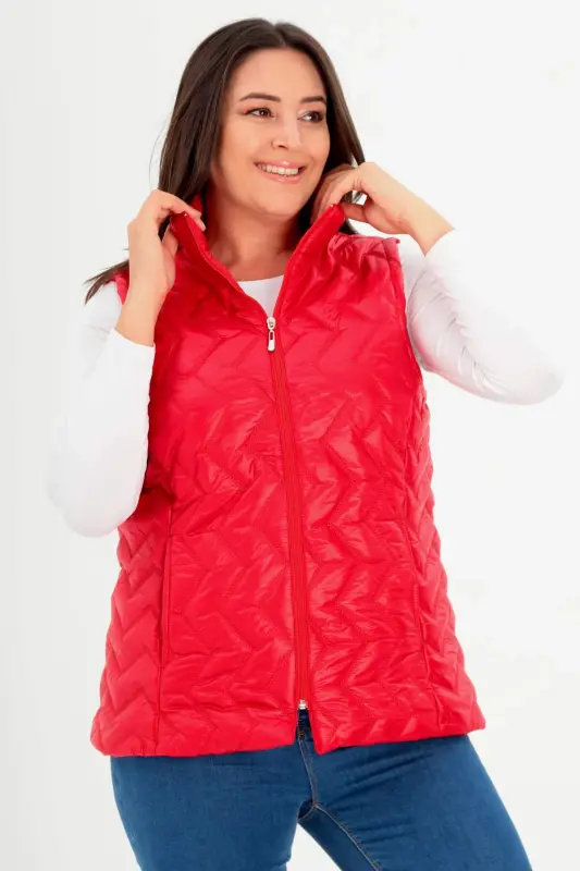 Large Size Zigzag Pattern Quilted Red Vest - 1