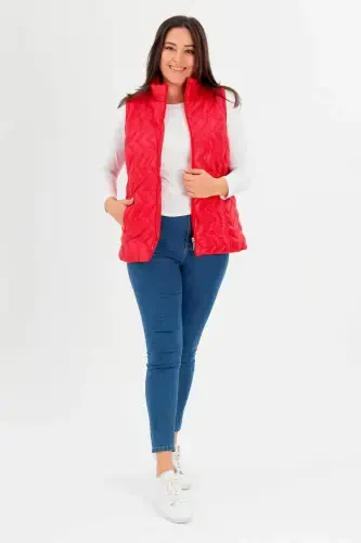 Large Size Zigzag Pattern Quilted Red Vest - BÜYÜKBEDENIZ (1)