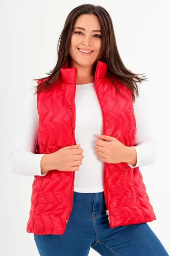 Large Size Zigzag Pattern Quilted Red Vest - 4