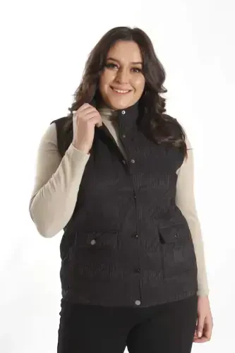 Large Snap Buttoned Quilted Black Vest - 1