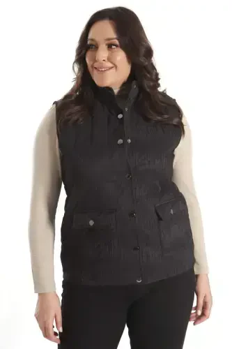 Large Snap Buttoned Quilted Black Vest - 6