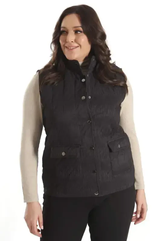 Large Snap Buttoned Quilted Black Vest - 6