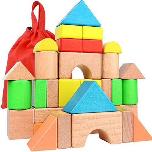 Large Wooden Building Blocks Set - Educational Preschool Learning Toys with Carrying Bag, Toddler Blocks Toys for 3+ Year Old Boy and Girl Gifts - 1