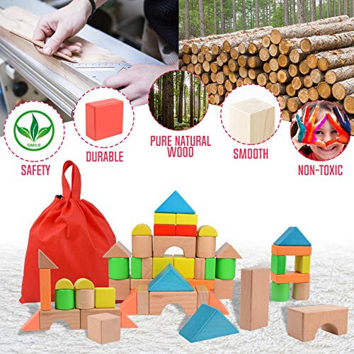 Large Wooden Building Blocks Set - Educational Preschool Learning Toys with Carrying Bag, Toddler Blocks Toys for 3+ Year Old Boy and Girl Gifts - 6