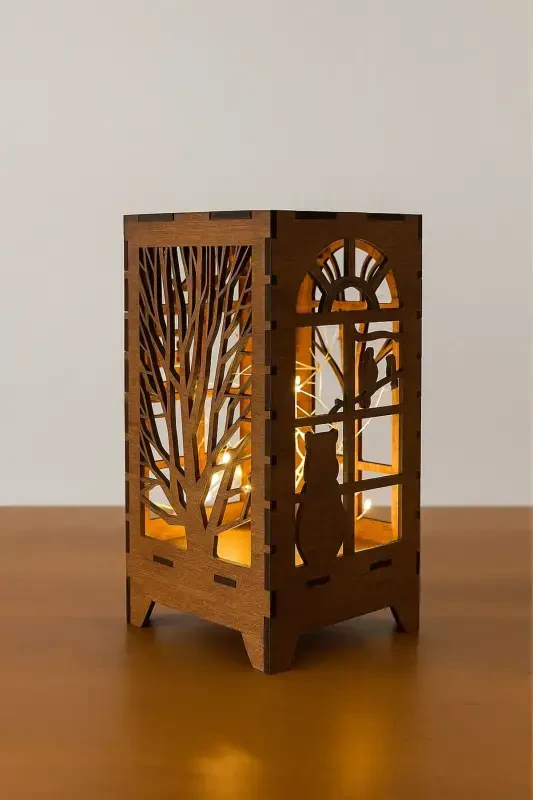 Laser Cut Table Lamp Mini Custom Design Wooden Lampshade Table Decoration Battery Powered Fairy LED - 3