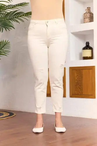 Laser Detailed Plus Size White Pants - 1