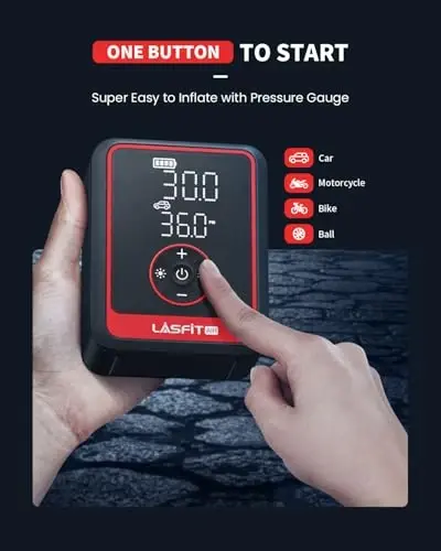 LASFIT Tire Inflator Portable Air Compressor, CR1 Pro Cordless Tire Air Pump with 7800mAh Battery & 150PSI Digital Pressure Gauge, Auto Shutoff Fast Inflation Tire Pump for Car Motorcycle Bike Balls - 4