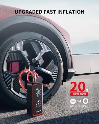 LASFIT TK1 Pro Tire Inflator Portable Air Compressor [5X Faster Inflation] 150PSI Tire Inflator 16000mAH Battery Operated Air Pump for Car Tires with Digital Pressure Gauge, Smart Auto Stop - Lasfit Signature (1)