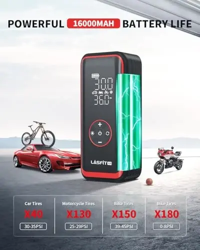 LASFIT TK1 Pro Tire Inflator Portable Air Compressor [5X Faster Inflation] 150PSI Tire Inflator 16000mAH Battery Operated Air Pump for Car Tires with Digital Pressure Gauge, Smart Auto Stop - 4