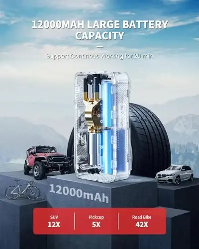 LASFIT TK1 Shinalar uchun portativ havo kompressori [Pikap va katta shinalar uchun mos] Avtomobil shinalari uchun havo pompasi, raqamli bosim o'lchagich, avtomatik to'xtash, 150PSI elektr 12000mAh simsiz 12V simli ikki maqsadli - 4