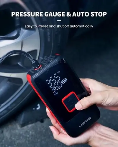 LASFIT TK1 Shinalar uchun portativ havo kompressori [Pikap va katta shinalar uchun mos] Avtomobil shinalari uchun havo pompasi, raqamli bosim o'lchagich, avtomatik to'xtash, 150PSI elektr 12000mAh simsiz 12V simli ikki maqsadli - 5