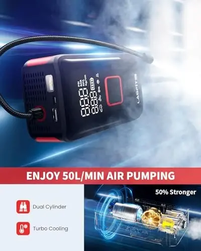 LASFIT TK1 Tire Inflator Portable Air Compressor [Fit Pickup Truck & Large Tires] Air Pump for Car Tires w/Digital Pressure Gauge, Auto Stop, 150PSI Electric 12000mAh Cordless 12V Corded Dual-Use - 2