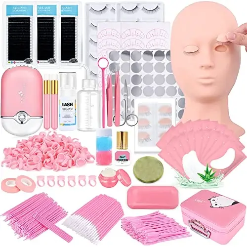 Lash Extension Kit Professional Eyelash Extensions Practice Set with Mannequin Head Removable Eyelids USB Lash Fan Individual False Eyelash Shampoo Brush Glue Practical Tools for Beginners - LASH