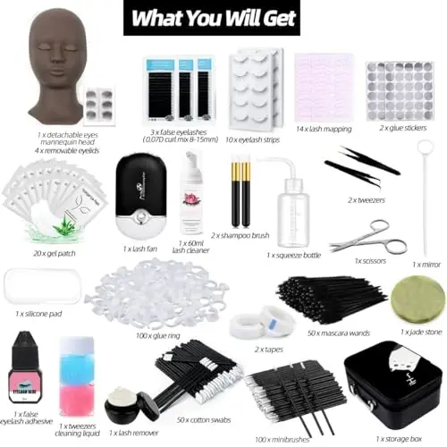 Lash Extension Kit Professional Eyelash Extensions Practice Set with Mannequin Head Removable Eyelids USB Lash Fan Individual False Eyelash Shampoo Brush Glue Practical Tools for Beginners - LASH (1)