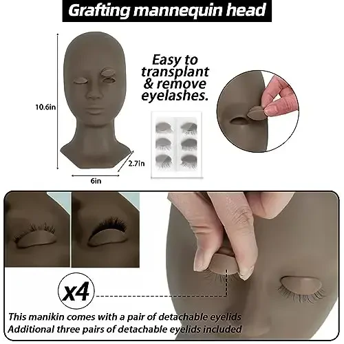Lash Extension Kit Professional Eyelash Extensions Practice Set with Mannequin Head Removable Eyelids USB Lash Fan Individual False Eyelash Shampoo Brush Glue Practical Tools for Beginners - 3