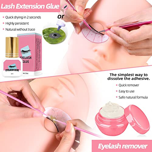 Lash Extension Kit Professional Eyelash Extensions Practice Set with Mannequin Head Removable Eyelids USB Lash Fan Inpidual False Eyelash Shampoo Brush Glue Practical Tools for Beginners - 5