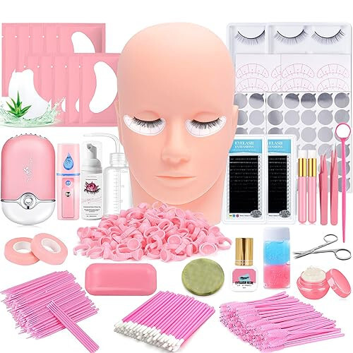 Lash Extension Kit Professional Eyelash Extensions Supplies Training for Beginners Mannequin Head Grafting Lash USB Fan Lash Shampoo Brush Spraye 0.07D Curl Mix 8-15mm Practice Eyelash Strips - 1