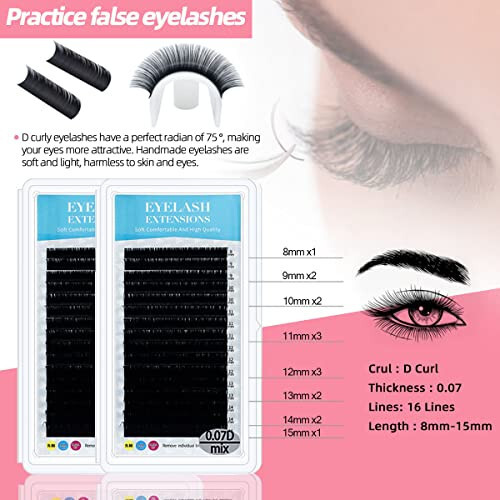 Lash Extension Kit Professional Eyelash Extensions Supplies Training for Beginners Mannequin Head Grafting Lash USB Fan Lash Shampoo Brush Spraye 0.07D Curl Mix 8-15mm Practice Eyelash Strips - 7