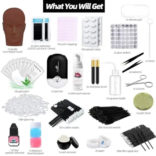 Lash Extension Kit Professional Eyelash Extensions Supplies Training for Beginners Mannequin Head Grafting Lash USB Fan Lash Shampoo Brush Spraye 0.07D Curl Mix 8-15mm Practice Eyelash Strips - DNSGOOR (1)
