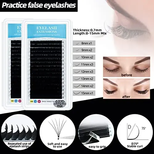 Lash Extension Kit Professional Eyelash Extensions Supplies Training for Beginners Mannequin Head Grafting Lash USB Fan Lash Shampoo Brush Spraye 0.07D Curl Mix 8-15mm Practice Eyelash Strips - 7