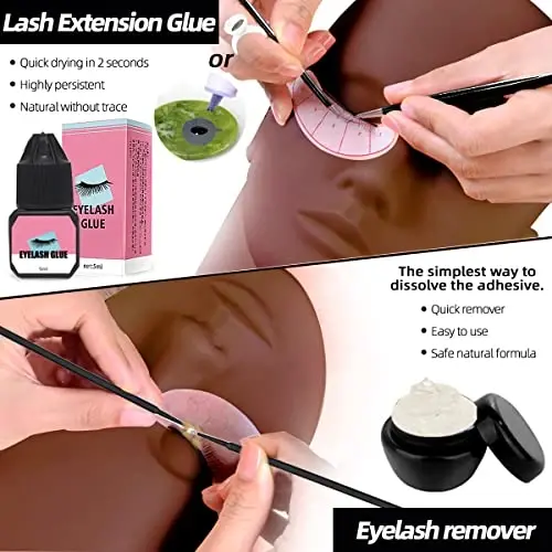 Lash Extension Kit Professional Kiprik qo'shimchalari Boshlovchilar uchun o'quv qo'llanma Maneken Bosh Greflash USB Fan Kipriklar uchun shampun cho'tkasi Spraye 0.07D Curl Mix 8-15mm Amaliyot uchun soxta kirpiklar - 5