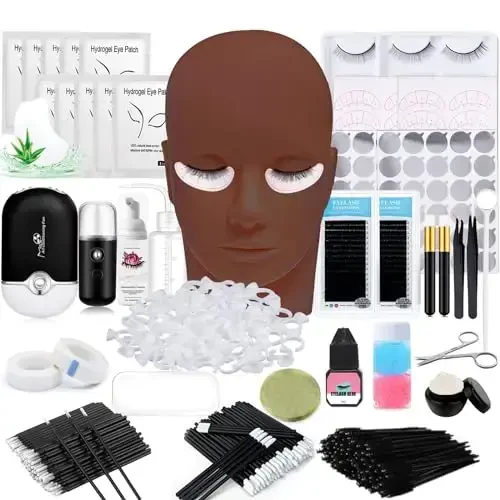 Lash Extension Kit Professional Kiprik qo'shimchalari Boshlovchilar uchun o'quv qo'llanma Maneken Bosh Greflash USB Fan Kipriklar uchun shampun cho'tkasi Spraye 0.07D Curl Mix 8-15mm Amaliyot uchun soxta kirpiklar - 1
