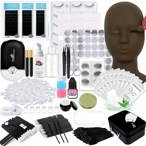 Lash Extension Kit Professional Kiprik Uzaytirish Amaliyoti Boshlang'ichlar uchun Maneken Bosh Olinadigan Qovoqlar USB Kiprik Fani Individual Soxta Kiprik Şampun Cho'tkasi Yelim Amaliy Uskunalar to'plami - LASH