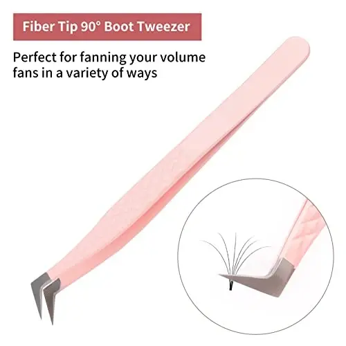 Lash Extension Tweezers Fiber Tips Volume Lash Tweezers Curved Precision Pink Eyelash Tweezers 90 Degree Angle Boot Great for Larger Fans Eyelash Extension Tweezers Professional - 2